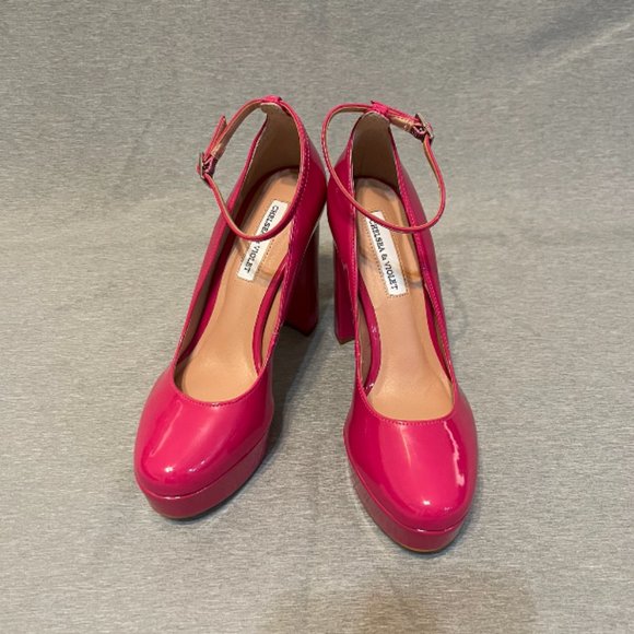 CHELSEA & VIOLET Pink Patente Platform. Ankle Strap. Size 8 - Picture 7 of 9
